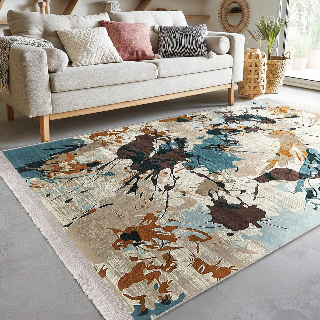 Abstract Area Rug|Paint Patterned Rug|Boho Style Carpet|Machine-Washable Fringed Non-Slip Mat|Farmhouse Multi-Purpose Anti-Slip Carpet