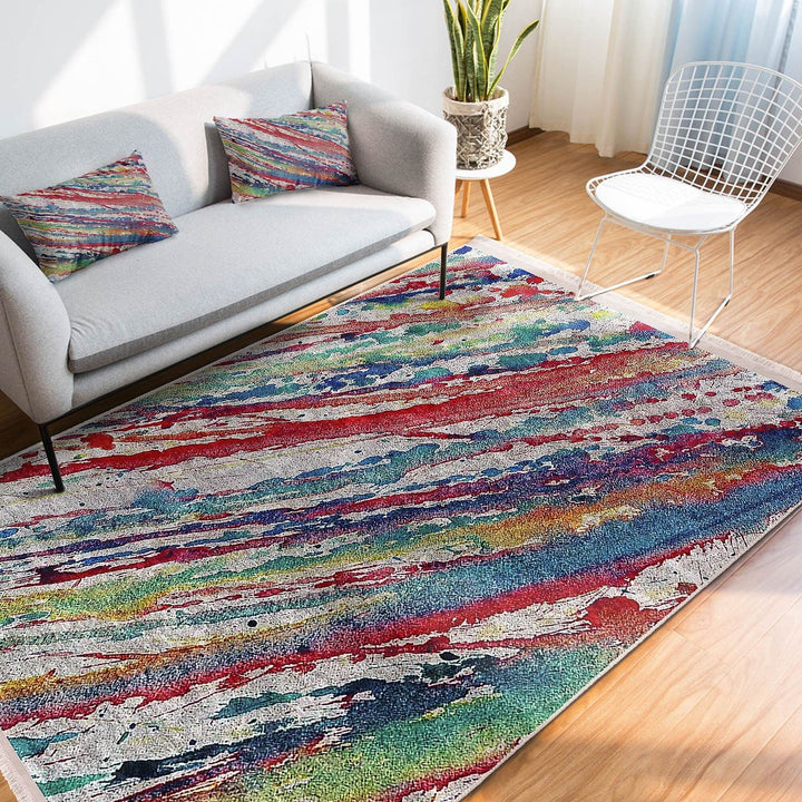Abstract Area Rug|Oil Painting Motif|Boho Style Carpet|Machine-Washable Fringed Non-Slip Mat|Farmhouse Multi-Purpose Anti-Slip Colorful Rug