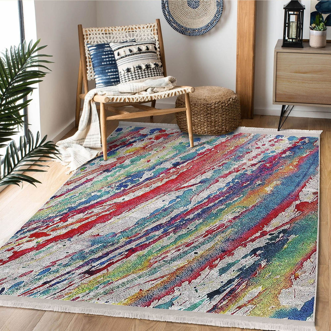 Abstract Area Rug|Oil Painting Motif|Boho Style Carpet|Machine-Washable Fringed Non-Slip Mat|Farmhouse Multi-Purpose Anti-Slip Colorful Rug