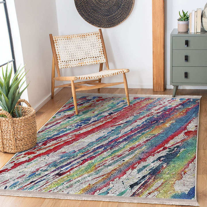 Abstract Area Rug|Oil Painting Motif|Boho Style Carpet|Machine-Washable Fringed Non-Slip Mat|Farmhouse Multi-Purpose Anti-Slip Colorful Rug