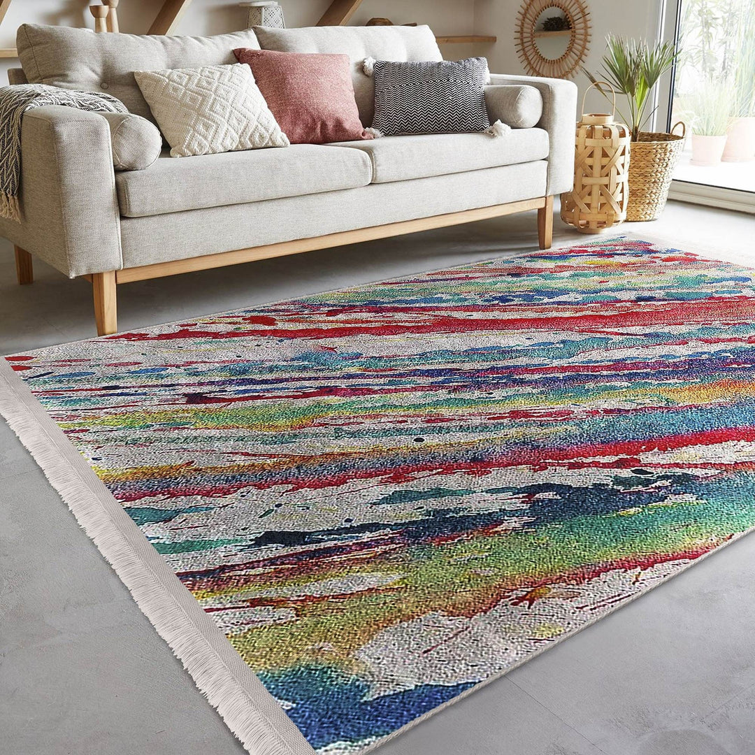 Abstract Area Rug|Oil Painting Motif|Boho Style Carpet|Machine-Washable Fringed Non-Slip Mat|Farmhouse Multi-Purpose Anti-Slip Colorful Rug