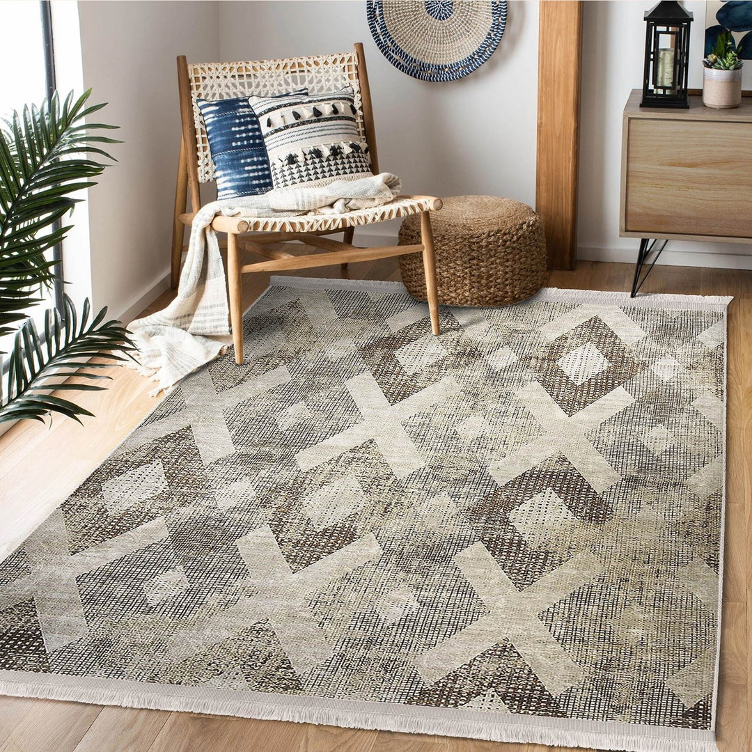 Diamond Pattern Rug|Boho Style Carpet|Machine-Washable Fringed Non-Slip Mat|Stylish Multi-Purpose Anti-Slip Carpet|Abstract Living Room Rug
