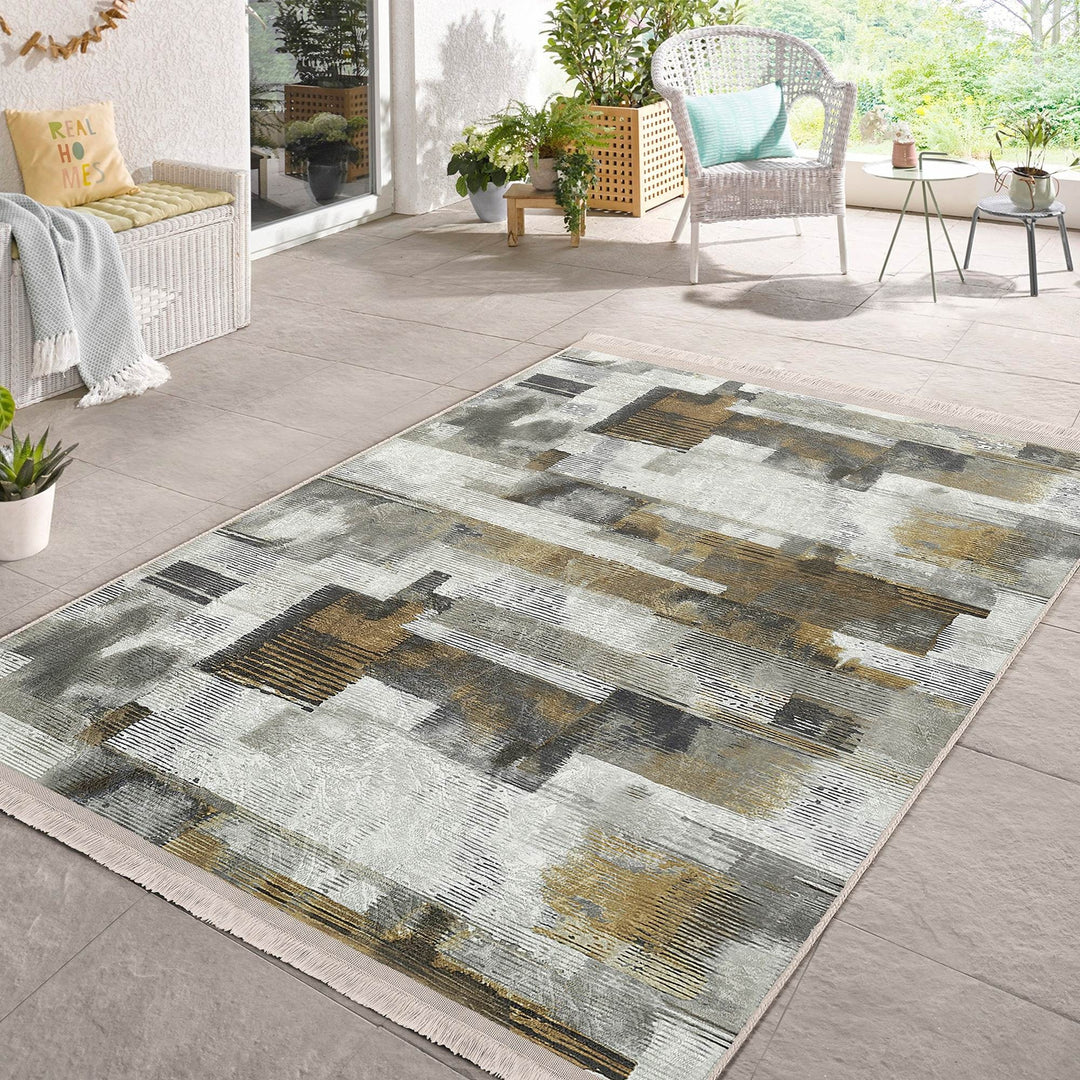 Abstract Area Rug|Worn Looking Carpet|Machine-Washable Fringed Non-Slip Mat|Farmhouse Multi-Purpose Anti-Slip Carpet|Boho Living Room Carpet