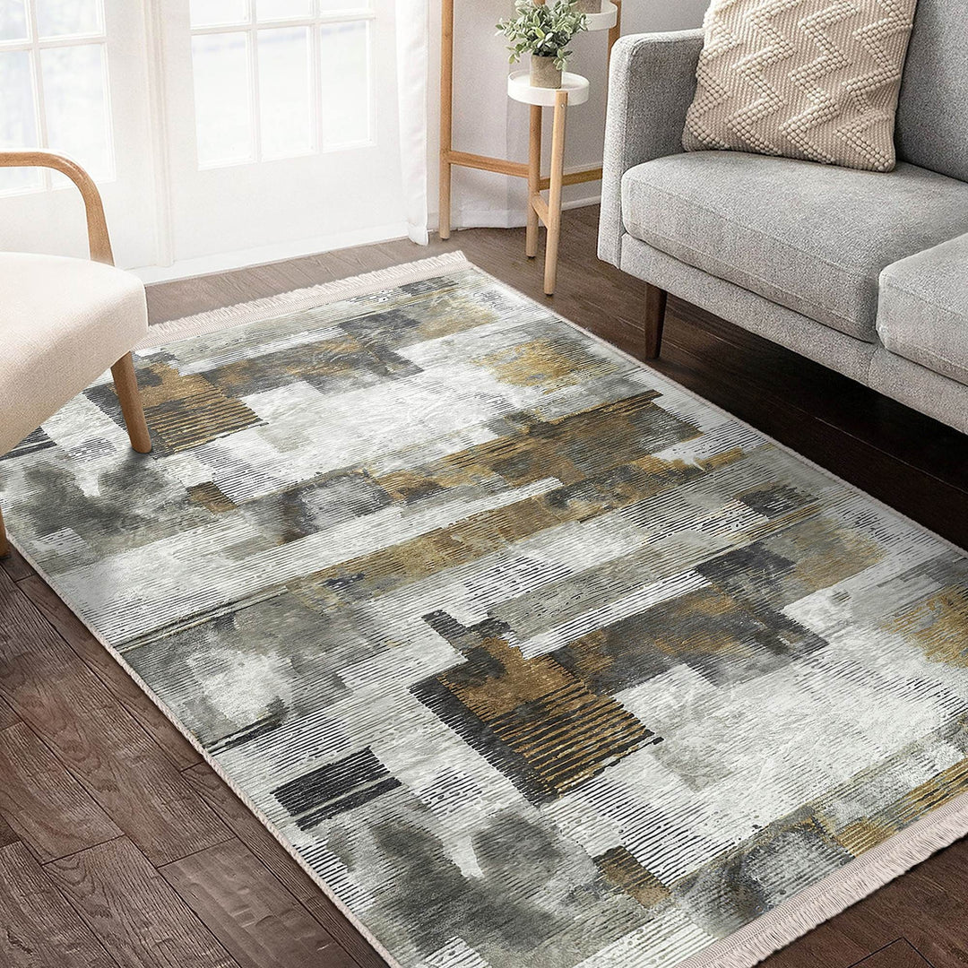 Abstract Area Rug|Worn Looking Carpet|Machine-Washable Fringed Non-Slip Mat|Farmhouse Multi-Purpose Anti-Slip Carpet|Boho Living Room Carpet
