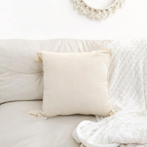 Cotton Pillow Cover|Buldan Cushion Case|Organic Beige Pillowcase|Boho Style Handmade Pillow Sham|Tasseled Cushion|Authentic Throw Pillowtop
