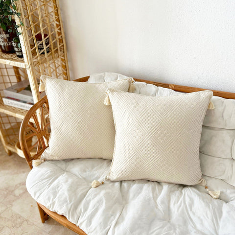 Cotton Pillow Cover Sets|Buldan Cushion Case|Organic Beige Pillowcase|Boho Handmade Pillow Sham|Tasseled Cushion|Authentic Throw Pillowtop