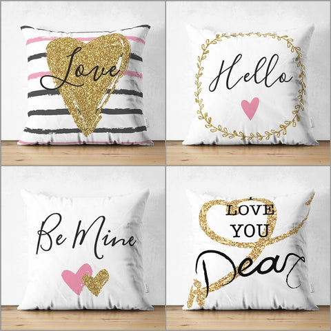 Love Pillow Cover|Love You Dear Pillowcase|Gold Heart Cushion|Hello Print Pillow|Be Mine Cushion Cover|Best Gift for Her|Valentine Pillowtop
