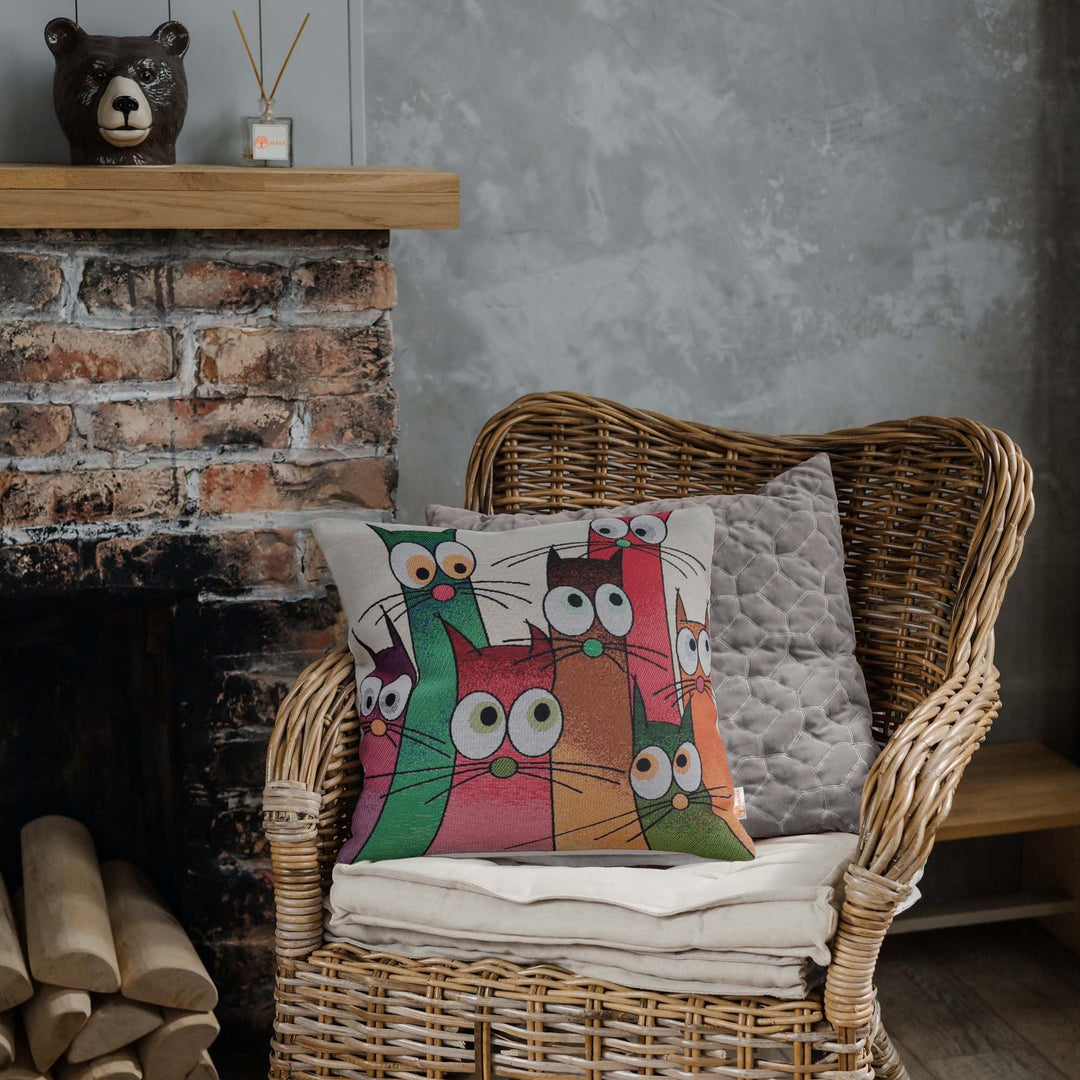 Cute Cats Pillow Covers|Gobelin Tapestry Pillow Case|Handmade Woven Home Decor|Outdoor Cushion Case|Cat with Floral Hat Throw Pillowcase