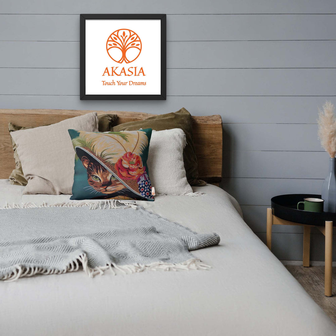 Cute Cats Pillow Covers|Gobelin Tapestry Pillow Case|Handmade Woven Home Decor|Outdoor Cushion Case|Cat with Floral Hat Throw Pillowcase