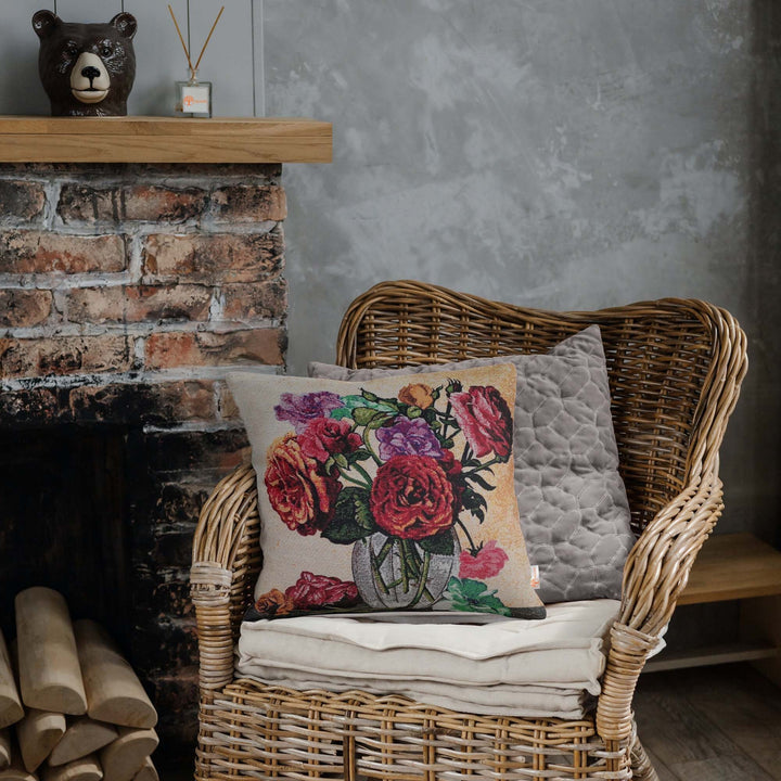 Floral Tapestry Pillow Covers|Rose Print Gobelin Throw Pillow Top|Housewarming Cushion with Flower|Woven Ethnic Design Outdoor Cushion Cover