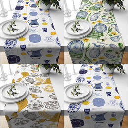 Tea Cup Print Runner|Decorative Table Top|Bird Print Tablecloth|Rectangle Bee Decor|Farmhouse Style Tabletop|Housewarming Table Runner