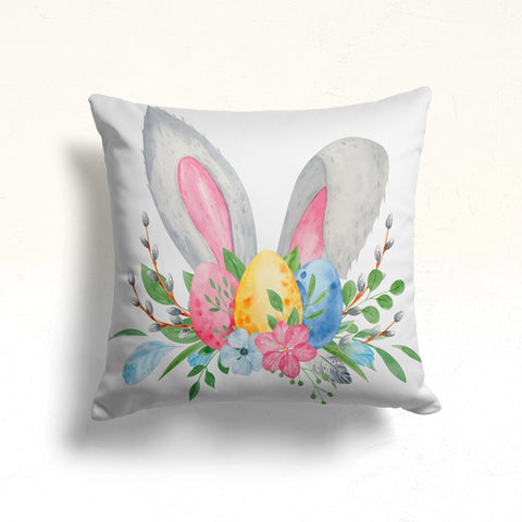 Happy Easter Pillow Cover|Bunny and Gnome Cushion Case|Floral Easter Decor|Colorful Egg Print Throw Pillowtop|Farmhouse Spring Pillowcase