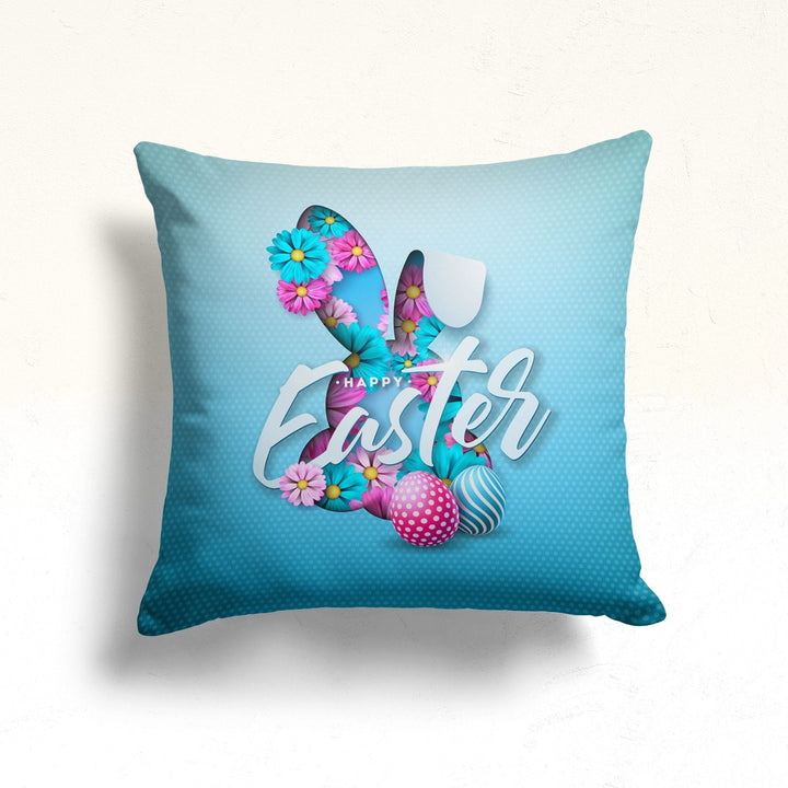 Happy Easter Pillow Cover|Floral Easter Decor|Blue Daisy Cushion|Colorful Egg Print Decorative Throw Pillowtop|Farmhouse Spring Pillowcase
