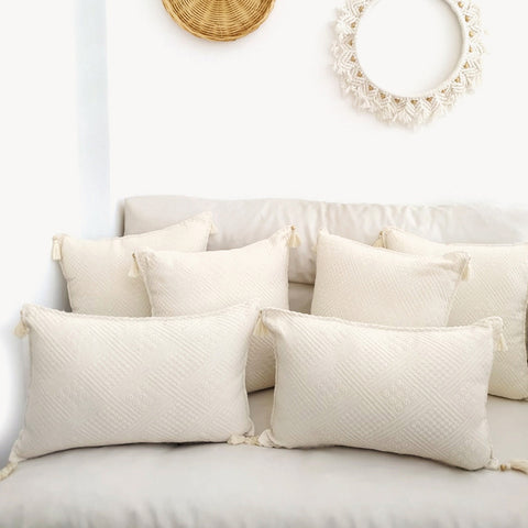 Cotton Pillow Cover Sets|Organic Beige Pillowcase|Buldan Cushion Case|Boho Handmade Pillow Sham|Tasseled Cushion|Authentic Throw Pillowtop