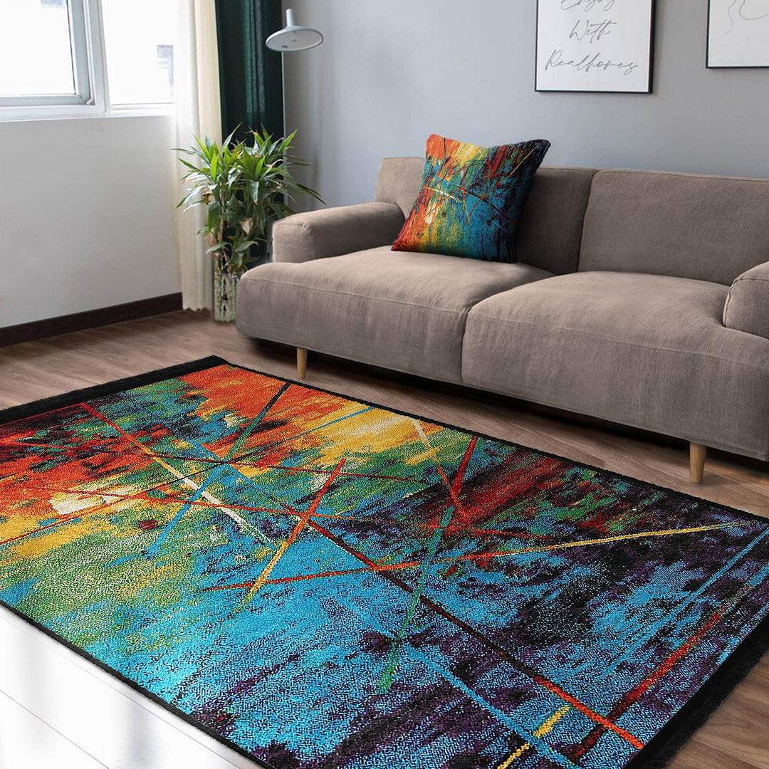 Colorful Floor Rug|Stylish Design Rug|Abstract Boho Carpet|Machine-Washable Fringed Non-Slip Mat|Multi-Purpose Anti-Slip Housewarming Carpet
