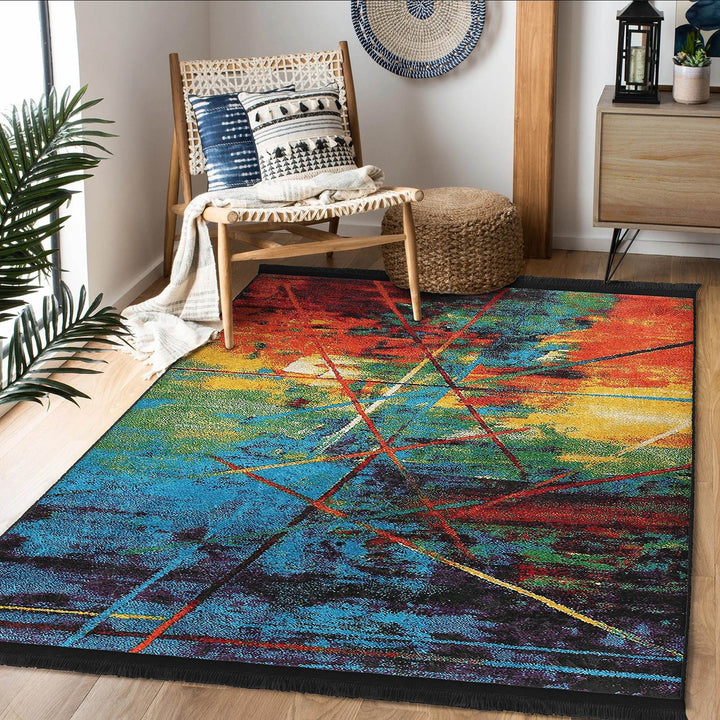 Colorful Floor Rug|Stylish Design Rug|Abstract Boho Carpet|Machine-Washable Fringed Non-Slip Mat|Multi-Purpose Anti-Slip Housewarming Carpet