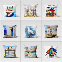 Beach House Pillow Case|Seagull Print Coastal Throw Pillow Cover|Nautical Summer Cushion Cover|Navy Marine Pillowcase|Beach House Decor