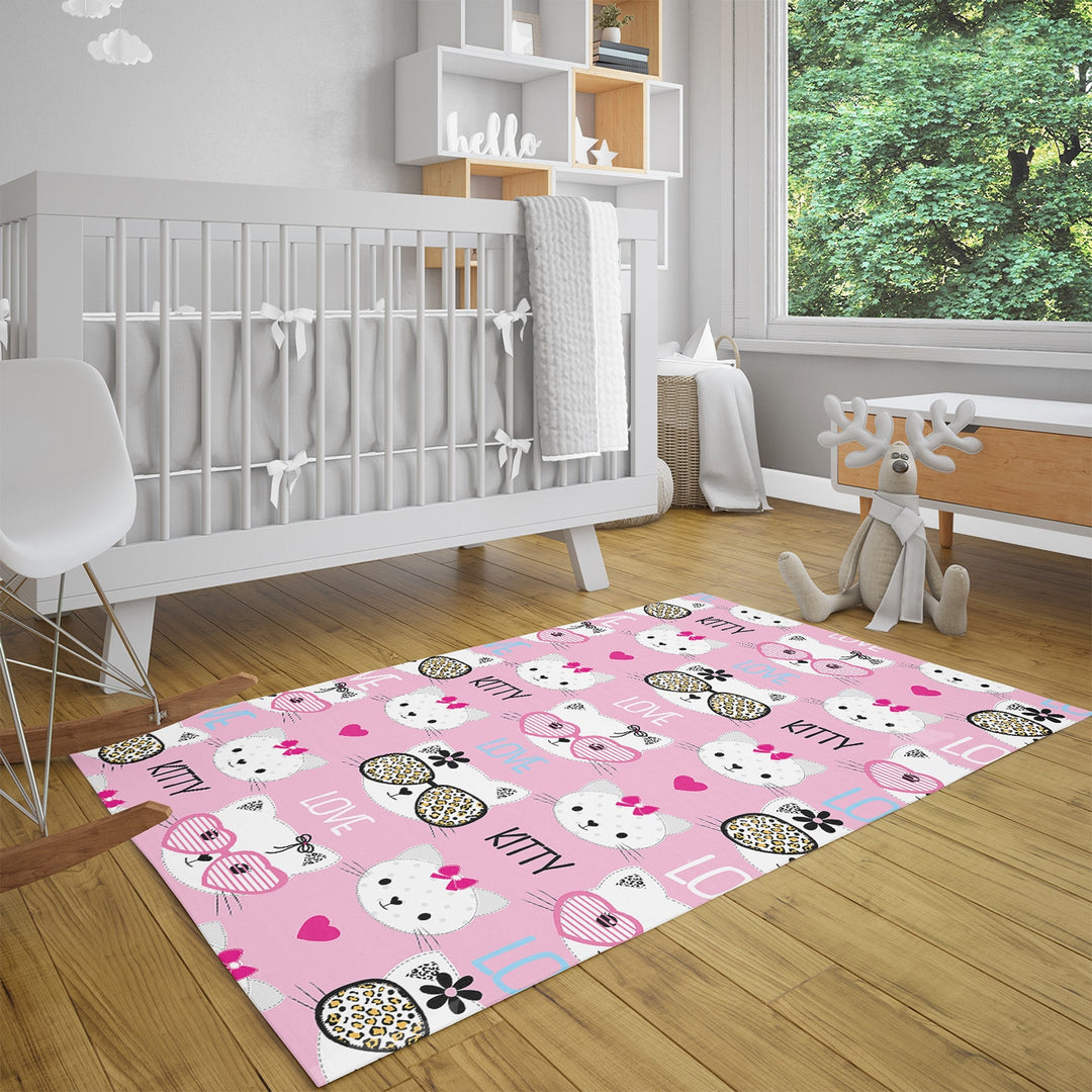 Cat Kids Room Carpet|Love Kitty Print Rug|Non-Slip Carpet|Housewarming Nursery Carpet|Cat Print Carpet|Children's Cute Animal Anti-Slip Rug