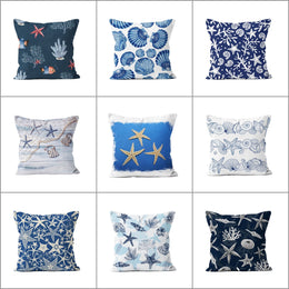 Coastal Pillow Case|Seashell Cushion Cover|Starfish and Coral Print Nautical Throw Pillow Cover|Navy Marine Pillowcase|Beach House Decor