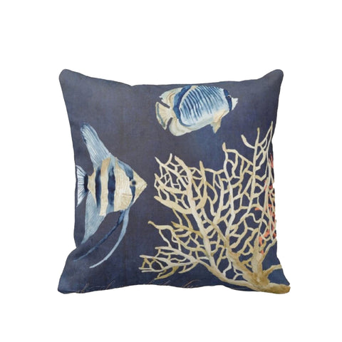 Nautical Pillow Case|Seahorse and Starfish Coastal Throw Pillow Cover|Octopus, Coral Cushion Cover|Navy Marine Pillowcase|Beach House Decor