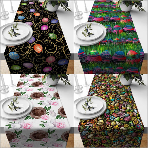 Easter Table Runner|Happy Easter Kitchen Decor|Decorative Colorful Egg Print Tabletop|Floral Egg Holiday Decor|Spring Trend Tablecloth