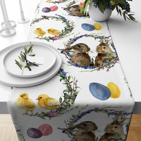 Easter Table Runner|Bunny Kitchen Decor|Decorative Colorful Egg Print Tabletop|Chick Print Holiday Decor|Spring Trend Floral Tablecloth