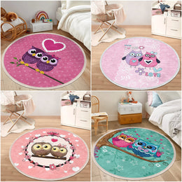 Cute Owl Round Rug|Fringed Owl Print Kid Carpet|Non-Slip Circle Rug|Colorful Area Carpet|Kids Home Decor|Animal Anti-Slip Mat|Floor Covering