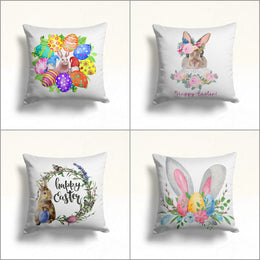 Happy Easter Pillow Cover|Bunny and Gnome Cushion Case|Floral Easter Decor|Colorful Egg Print Throw Pillowtop|Farmhouse Spring Pillowcase