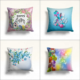 Happy Easter Pillow Cover|Floral Easter Decor|Blue Daisy Cushion|Colorful Egg Print Decorative Throw Pillowtop|Farmhouse Spring Pillowcase