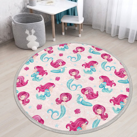 Mermaid Round Rug|Non-Slip Round Carpet|Fringed Kid Room Circle Carpet|Colorful Area Rug|Cat Mermaid Rug|Fish Print Anti-Slip Girls Carpet