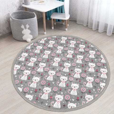 Cute Cats Circle Rug|Fringed Love Kitty Kid Rug|Non-Slip Round Rug|Colorful Area Carpet|Kids Home Decor|Animal Anti-Slip Mat|Floor Covering