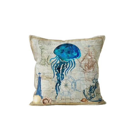 Nautical Pillow Case|Starfish and Seahorse Coastal Throw Pillow Cover|Anchor Wheel Jellyfish Cushion|Oyster Cushion Case|Beach House Decor