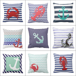 Nautical Pillow Case|Crab and Lobster Coastal Throw Pillow Cover|Striped Anchor Cushion Case|Zigzag Beach House Decor|Porch Cushion Cover