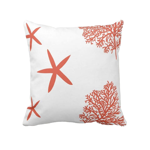 Nautical Pillow Case|Coral and Starfish Coastal Throw Pillow Cover|Seaside Pillowtop|Porch Cushion Cover|Marine Pillowcase|Beach House Decor