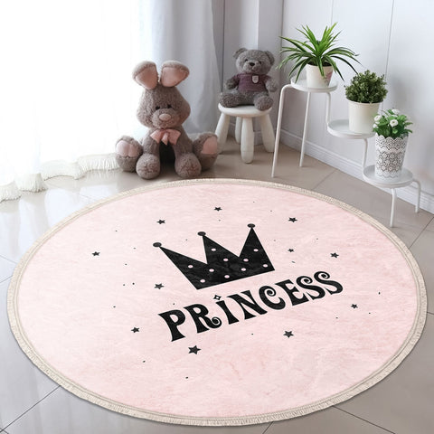 Princess Round Rug|Fringed Crown Print Kid Carpet|Non-Slip Circle Rug|Colorful Area Carpet|Kids Home Decor|Girls Anti-Slip Floor Covering