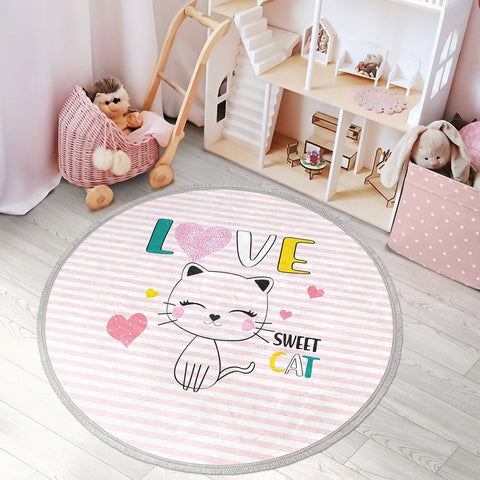 Cute Cat Round Rug|Fringed Cat Print Kid Carpet|Non-Slip Circle Rug|Colorful Area Carpet|Kids Home Decor|Cat Anti-Slip Mat|Floor Covering