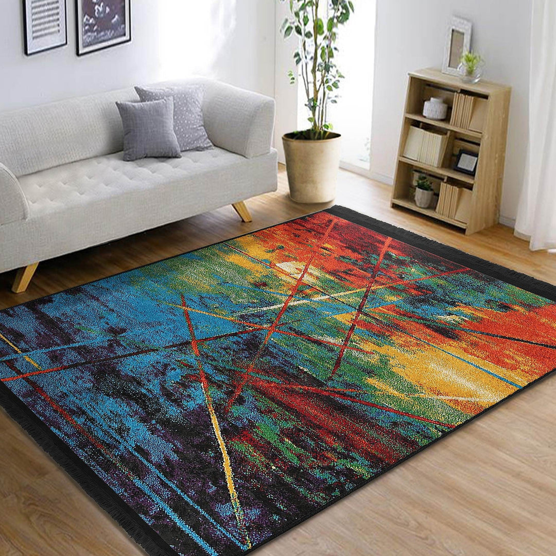 Colorful Floor Rug|Stylish Design Rug|Abstract Boho Carpet|Machine-Washable Fringed Non-Slip Mat|Multi-Purpose Anti-Slip Housewarming Carpet