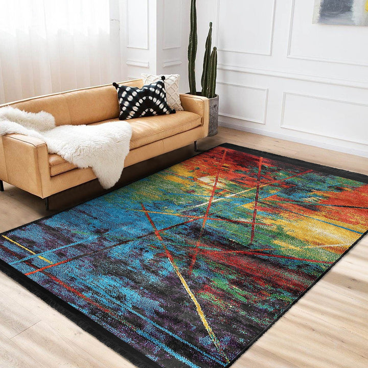 Colorful Floor Rug|Stylish Design Rug|Abstract Boho Carpet|Machine-Washable Fringed Non-Slip Mat|Multi-Purpose Anti-Slip Housewarming Carpet