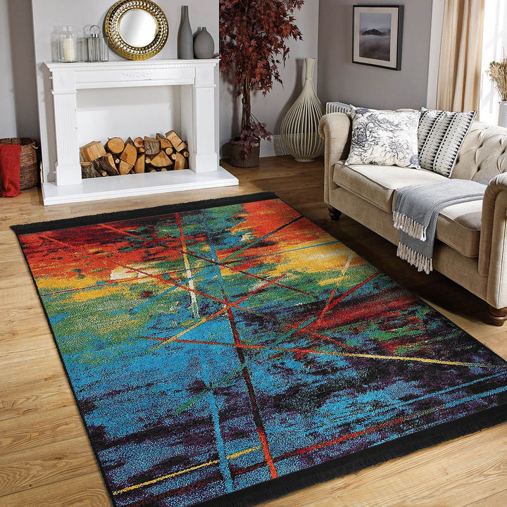 Colorful Floor Rug|Stylish Design Rug|Abstract Boho Carpet|Machine-Washable Fringed Non-Slip Mat|Multi-Purpose Anti-Slip Housewarming Carpet