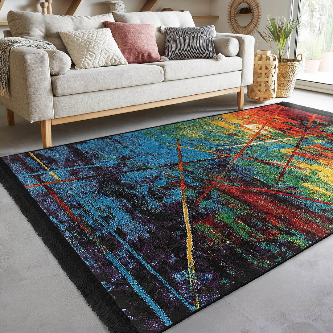 Colorful Floor Rug|Stylish Design Rug|Abstract Boho Carpet|Machine-Washable Fringed Non-Slip Mat|Multi-Purpose Anti-Slip Housewarming Carpet