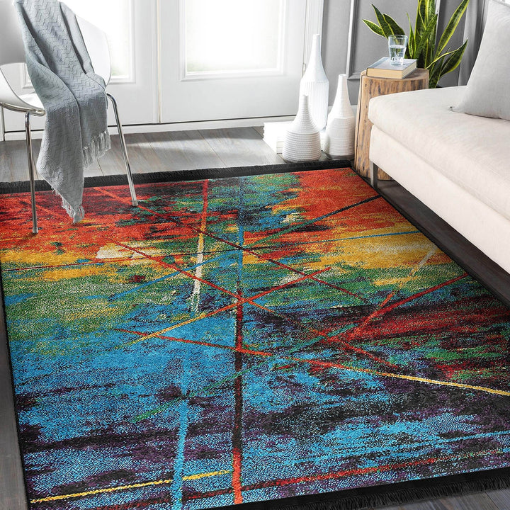 Colorful Floor Rug|Stylish Design Rug|Abstract Boho Carpet|Machine-Washable Fringed Non-Slip Mat|Multi-Purpose Anti-Slip Housewarming Carpet