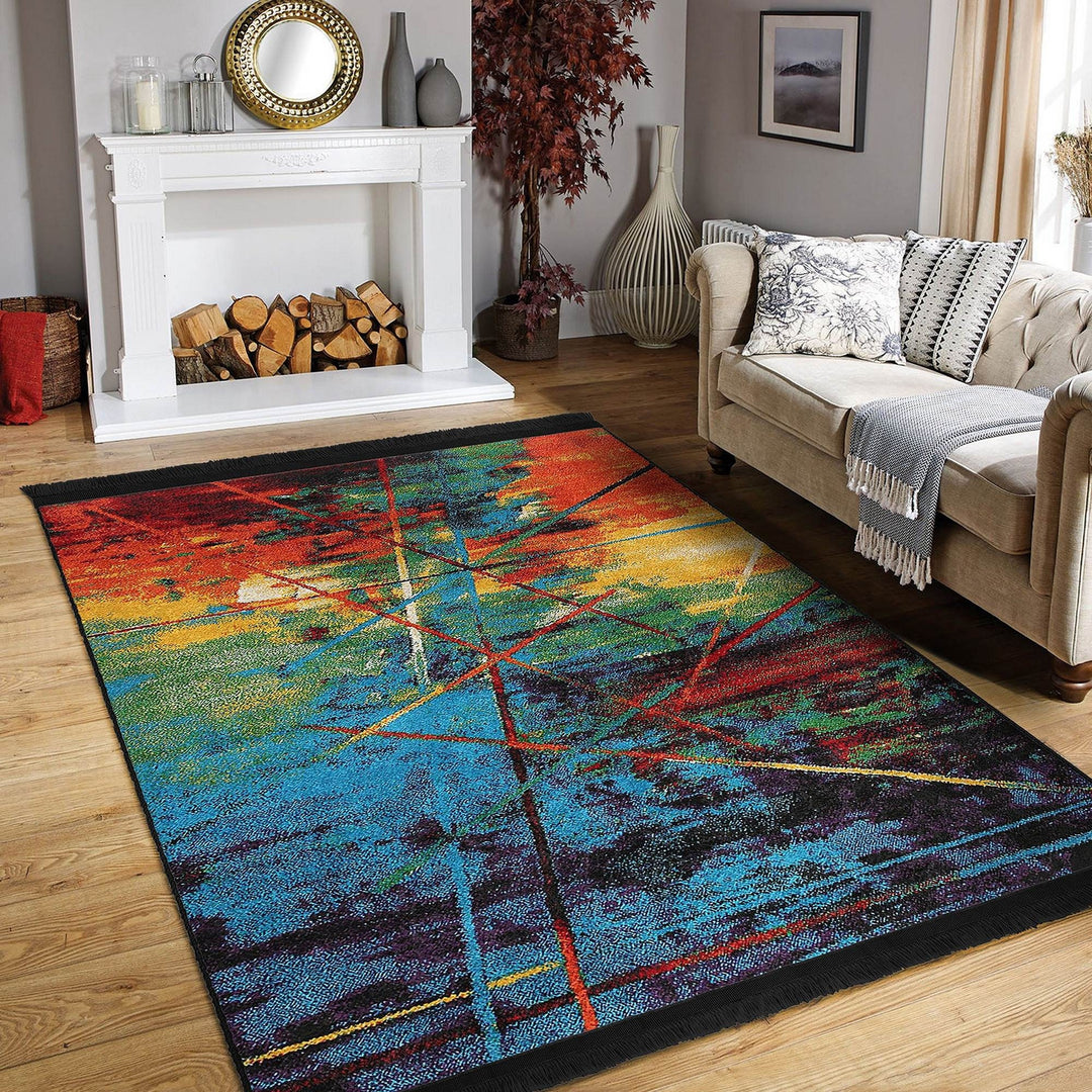 Colorful Floor Rug|Stylish Design Rug|Abstract Boho Carpet|Machine-Washable Fringed Non-Slip Mat|Multi-Purpose Anti-Slip Housewarming Carpet