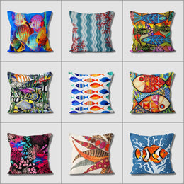 Fish Print Pillow Case|Nautical Summer Cushion Cover|Navy Marine Pillowcase|Beach House Decor|Coral and Fish Coastal Throw Pillow Cover
