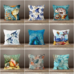 Seaside Pillow Case|Sea Shell Cushion|Coastal Cushion Case|Aqua Marine Pillowcase|Beach House Decor|Fish and Seashell Throw Pillow Cover