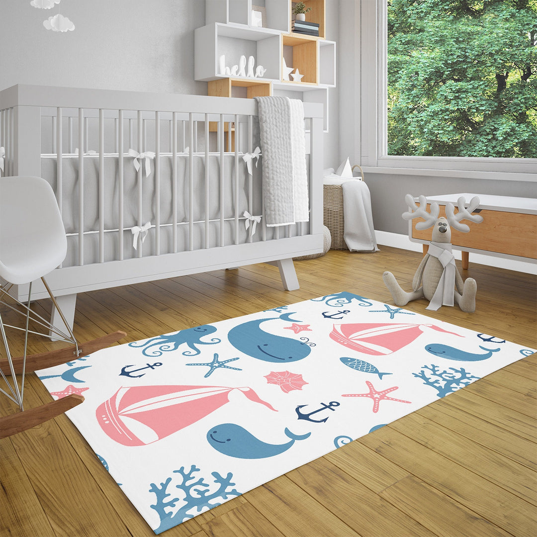 Nautical Kids Carpet|Whale Print Rug|Ship Print Carpet|Non-Slip Carpet|Housewarming Nursery Carpet|Children's Navy Decorative Anti-Slip Rug