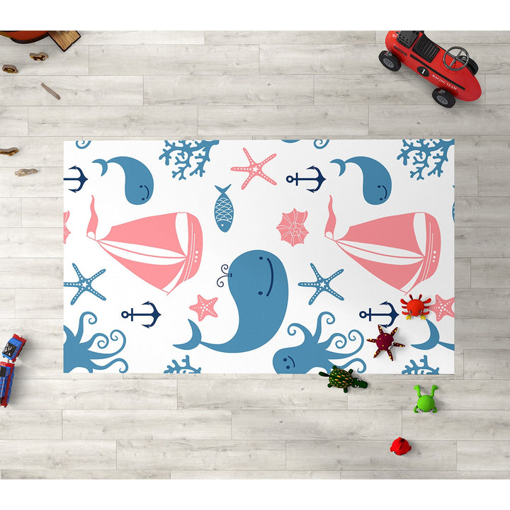 Nautical Kids Carpet|Whale Print Rug|Ship Print Carpet|Non-Slip Carpet|Housewarming Nursery Carpet|Children's Navy Decorative Anti-Slip Rug