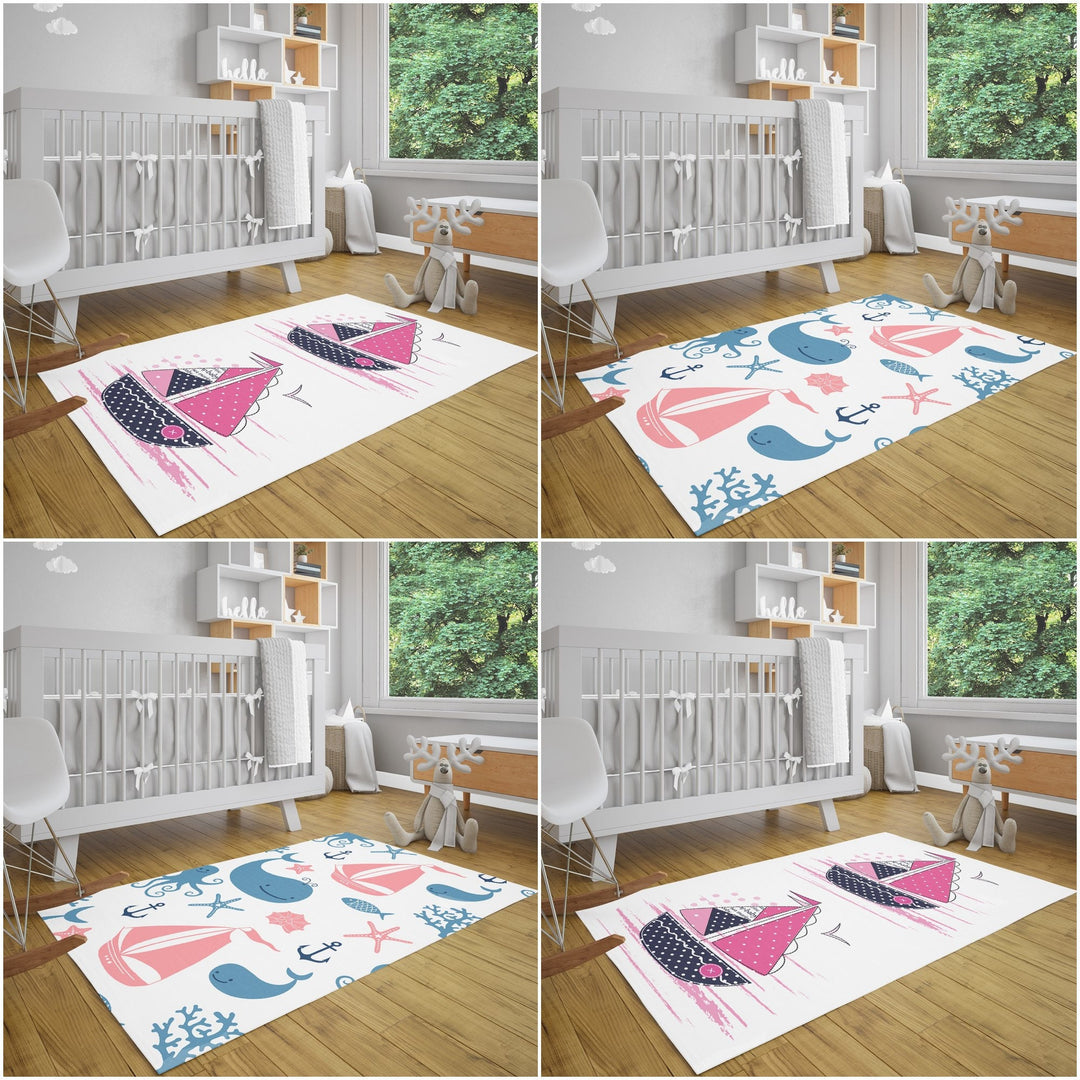 Nautical Kids Carpet|Whale Print Rug|Ship Print Carpet|Non-Slip Carpet|Housewarming Nursery Carpet|Children's Navy Decorative Anti-Slip Rug