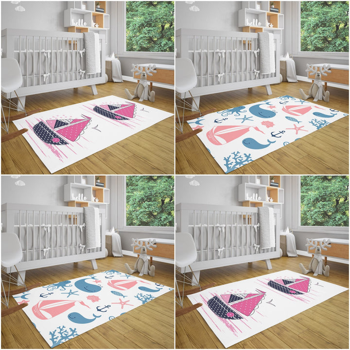 Nautical Kids Carpet|Whale Print Rug|Ship Print Carpet|Non-Slip Carpet|Housewarming Nursery Carpet|Children's Navy Decorative Anti-Slip Rug