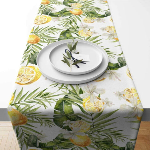 Olive Table Runner|Lemon Tablecloth|Fresh Citrus Decor|Housewarming Summer Runner|Tile Pattern Table Top|Stylish Olive Print Tablecloth