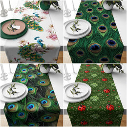 Peacock Table Runner|Ladybug Tablecloth|Animal Home Decor|Peacock Feather Runner|Farmhouse Table Top|Beautiful Tablecloth|Housewarming Decor